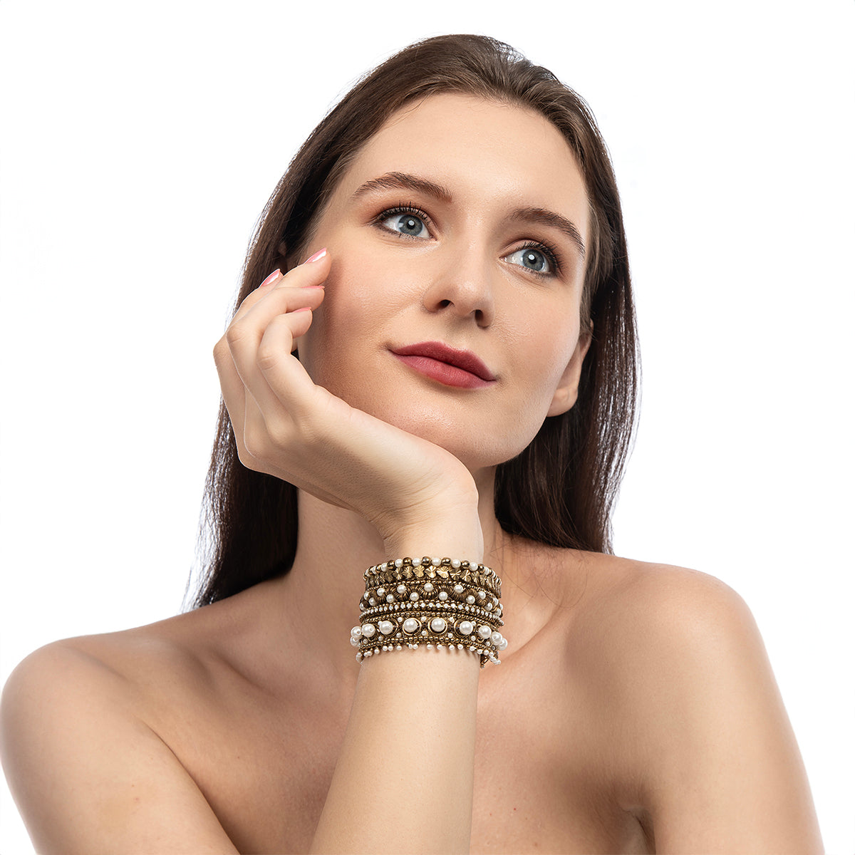 Model wearing Deepa by Deepa Gurnani Handmade Orion Bracelet in gold color