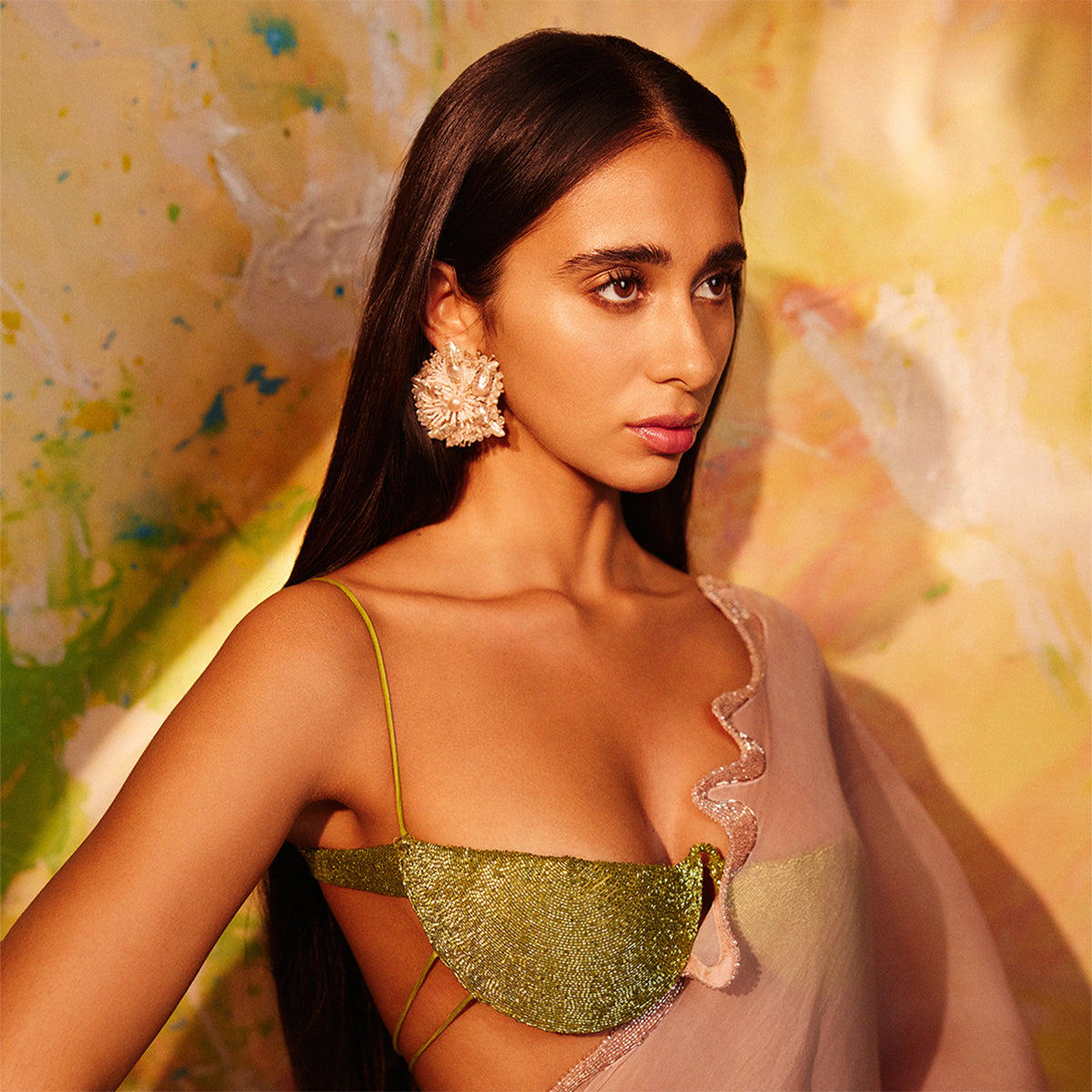Model wearing handmade luxury Andrena Earrings