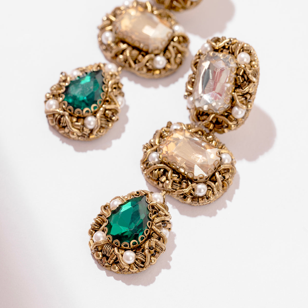 Detail of Deepa Gurnani Handmade Indu Earrings in Emerald color