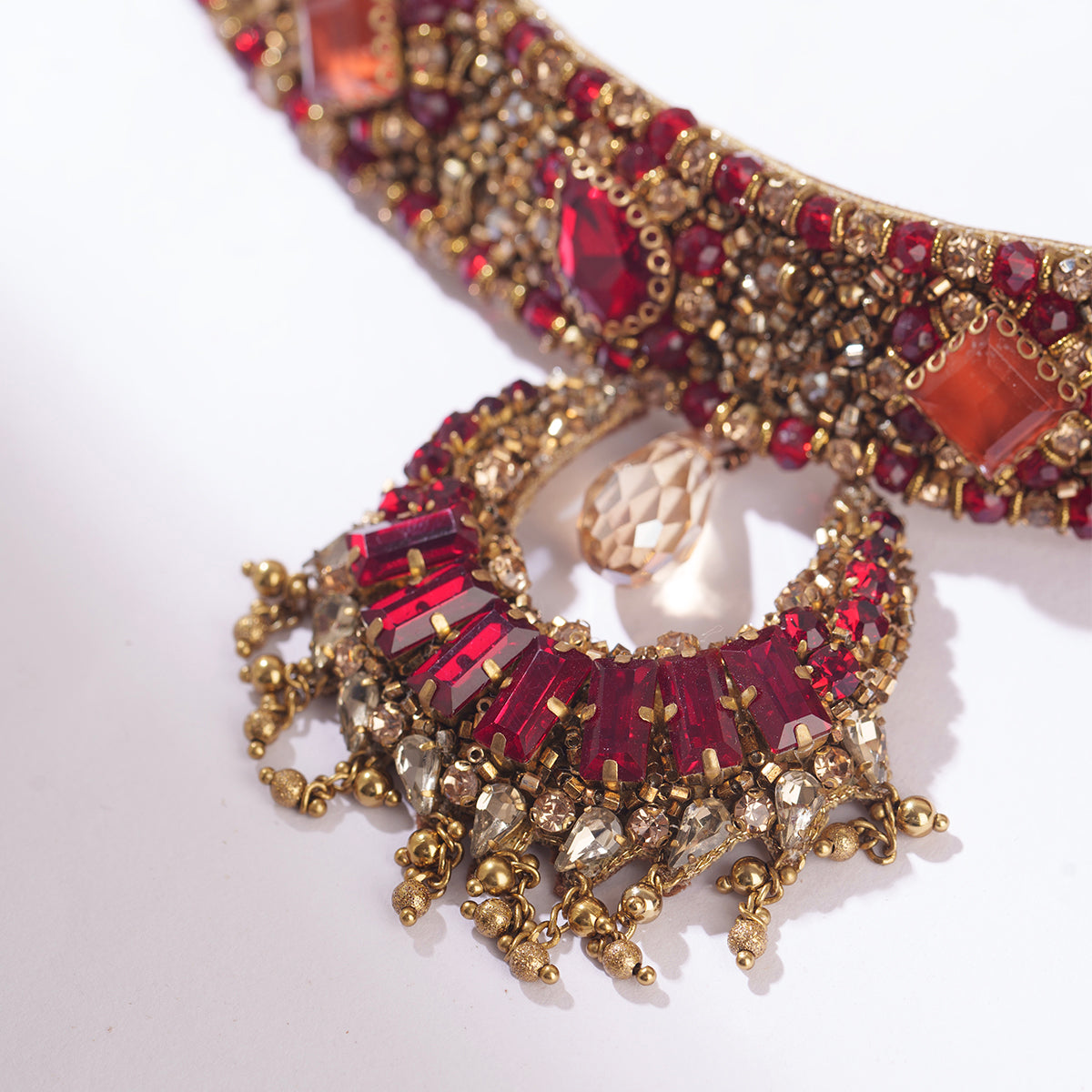 Detail of Deepa Gurnani Handmade Dalima Necklace in Ruby Color