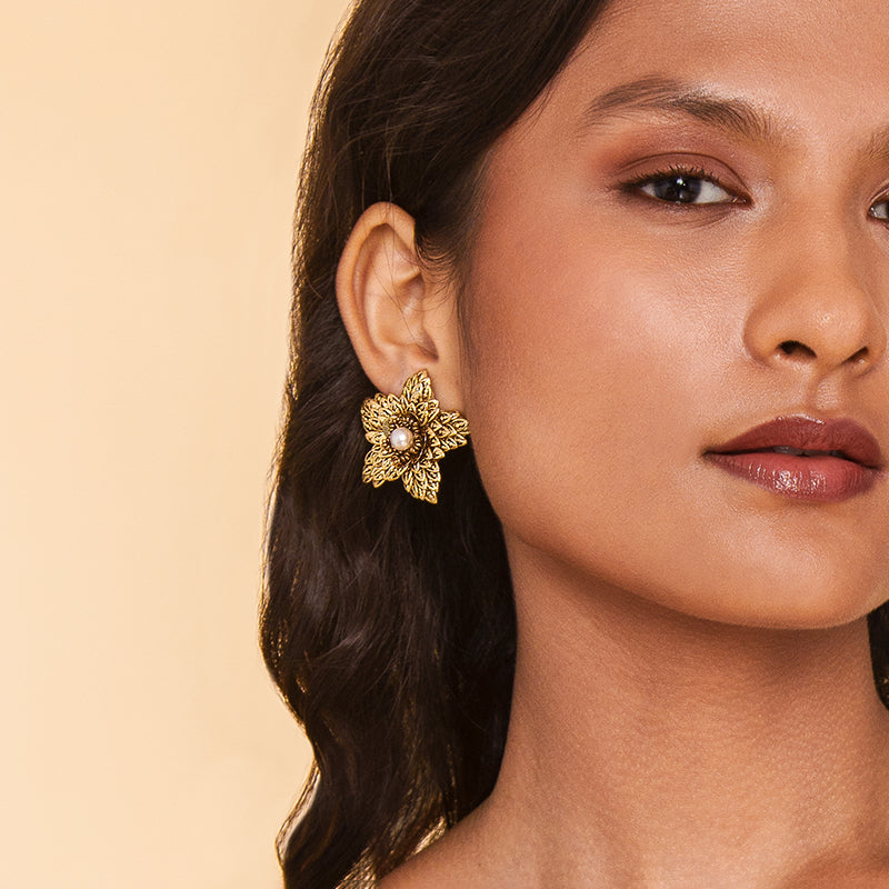 Model Wearing Deepa By Deepa Gurnani Juno Earrings Gold Color