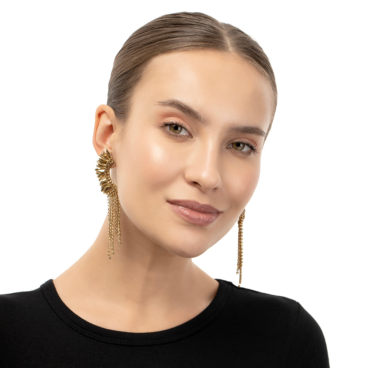 Model Wearing Handmade Deepa by Deepa Gurnani Gold Estella Earrings