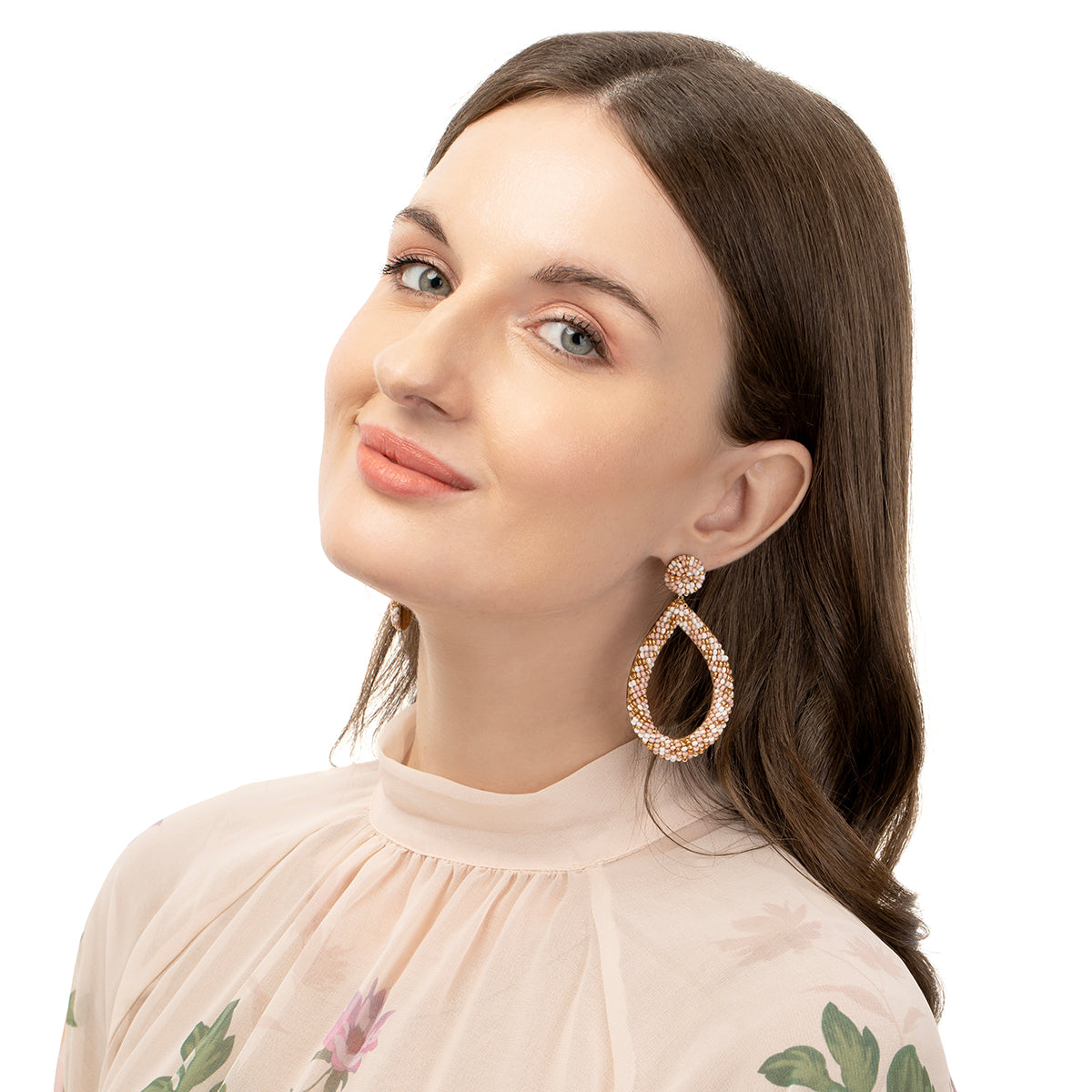 Model wearing our Deepa by Deepa Gurnani Handmade Dusty Pink Ragna Earrings