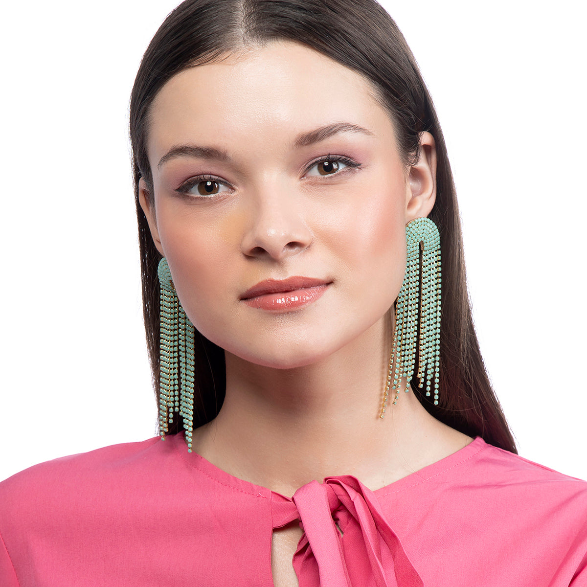 Model wearing Deepa by Deepa Gurnani Handmade Adina Earrings in Mint color