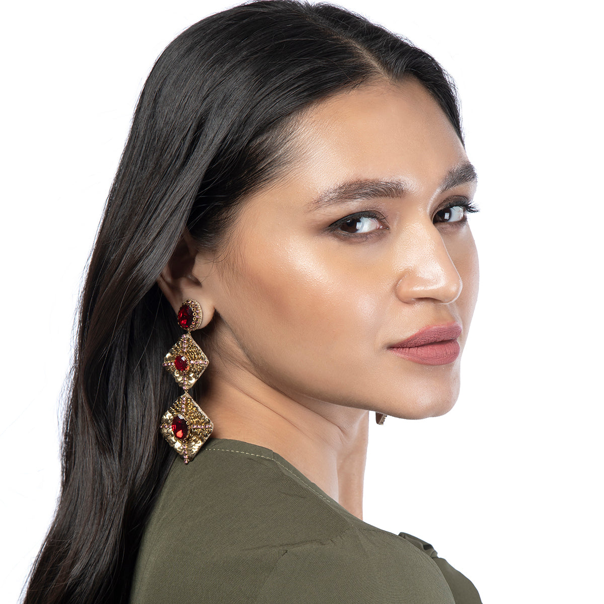 Model wearing Deepa by Deepa Gurnani Handmade Julia Earrings in Ruby color