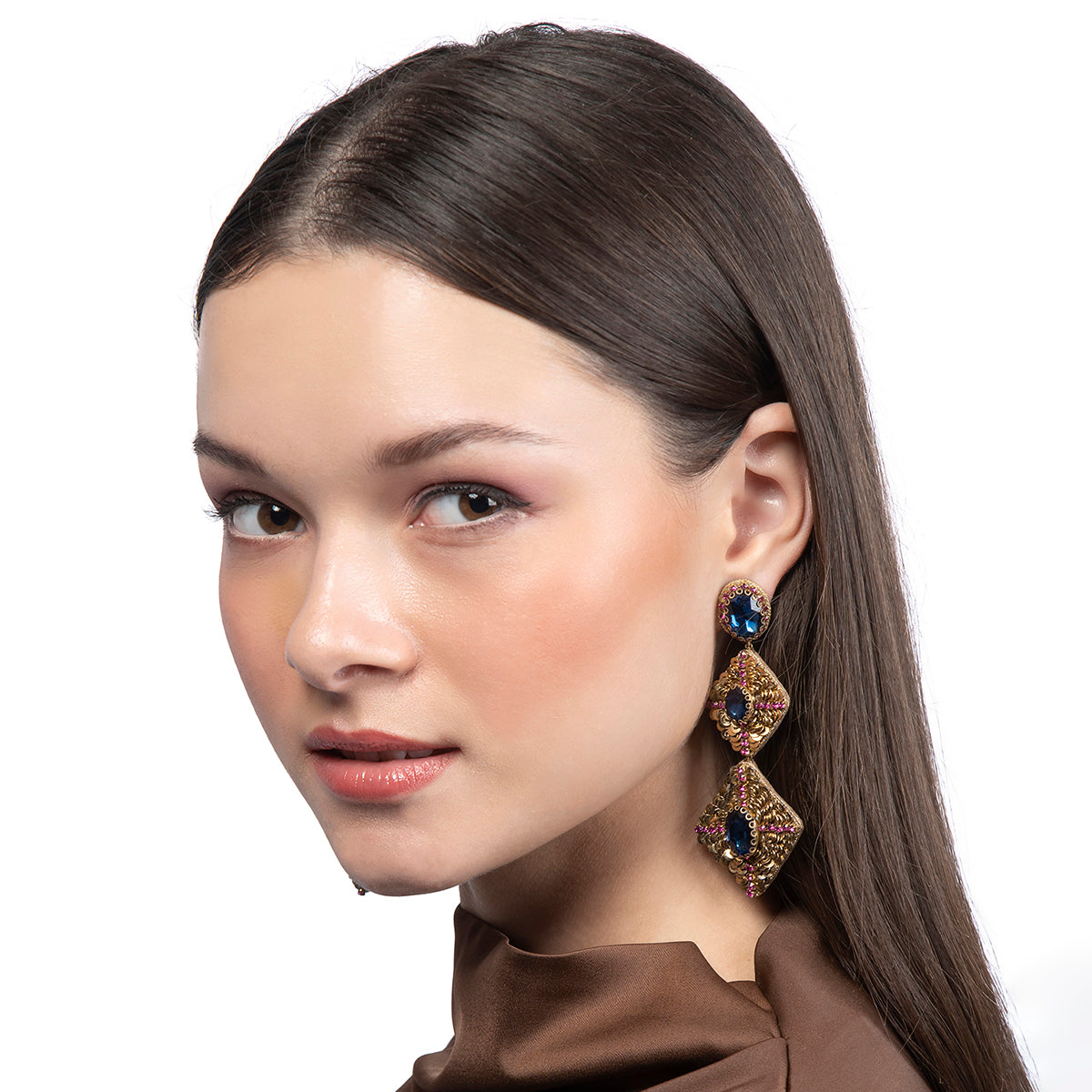 Model wearing Deepa by Deepa Gurnani Handmade Julia Earrings in Sapphire color