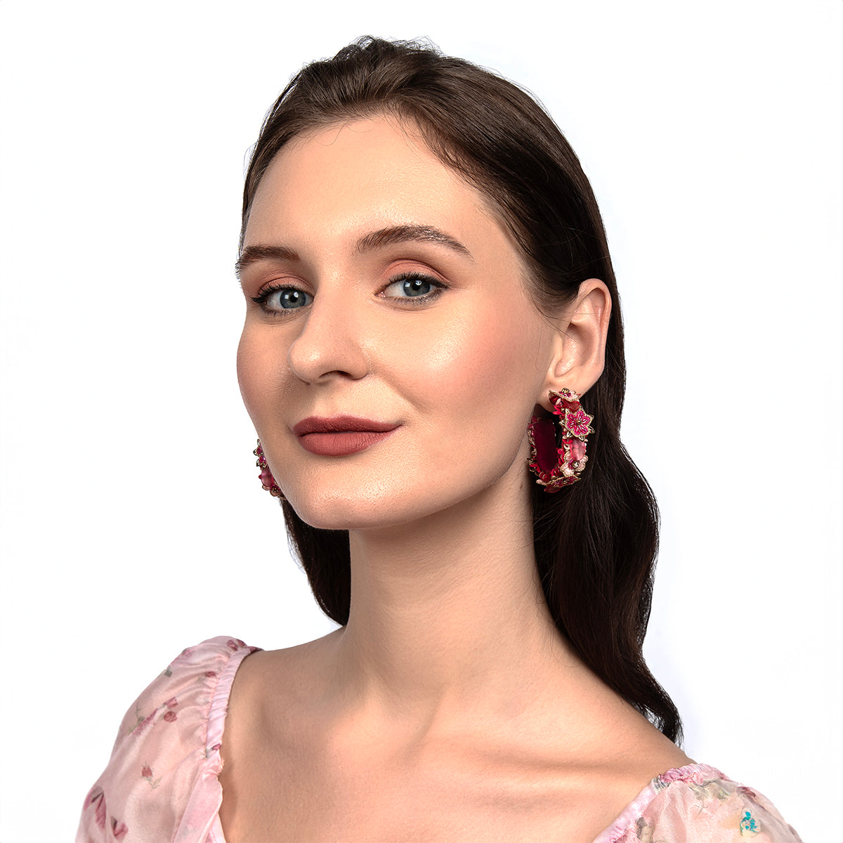 Model wearing Deepa By Deepa Gurnani handmade Arnie Earrings in fuchsia color