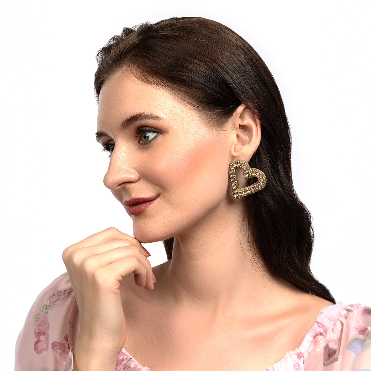 Model wearing Deepa By Deepa Gurnani handmade Bia Earrings in gold color
