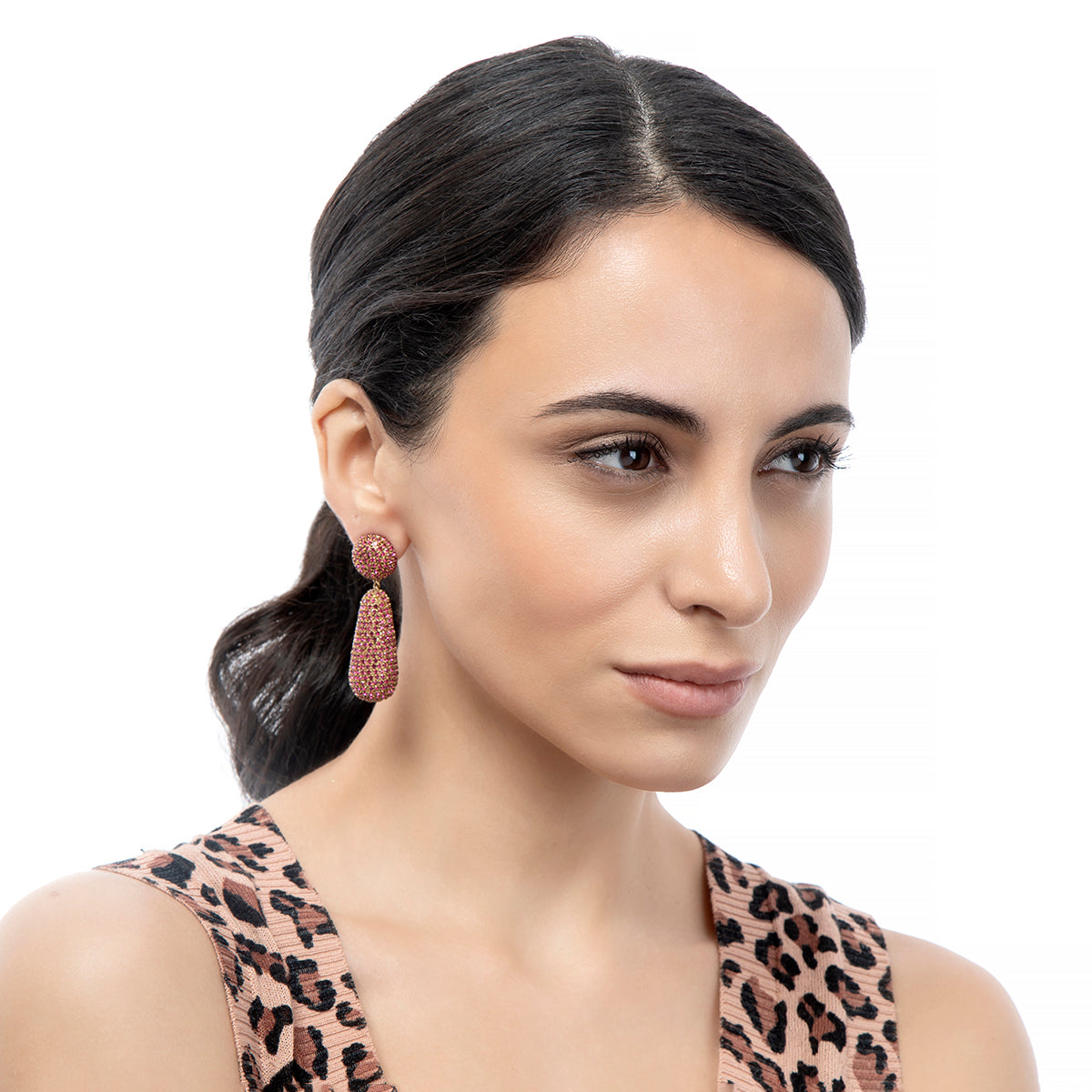 Model wearing Emely Earring in Fuchsia colour
