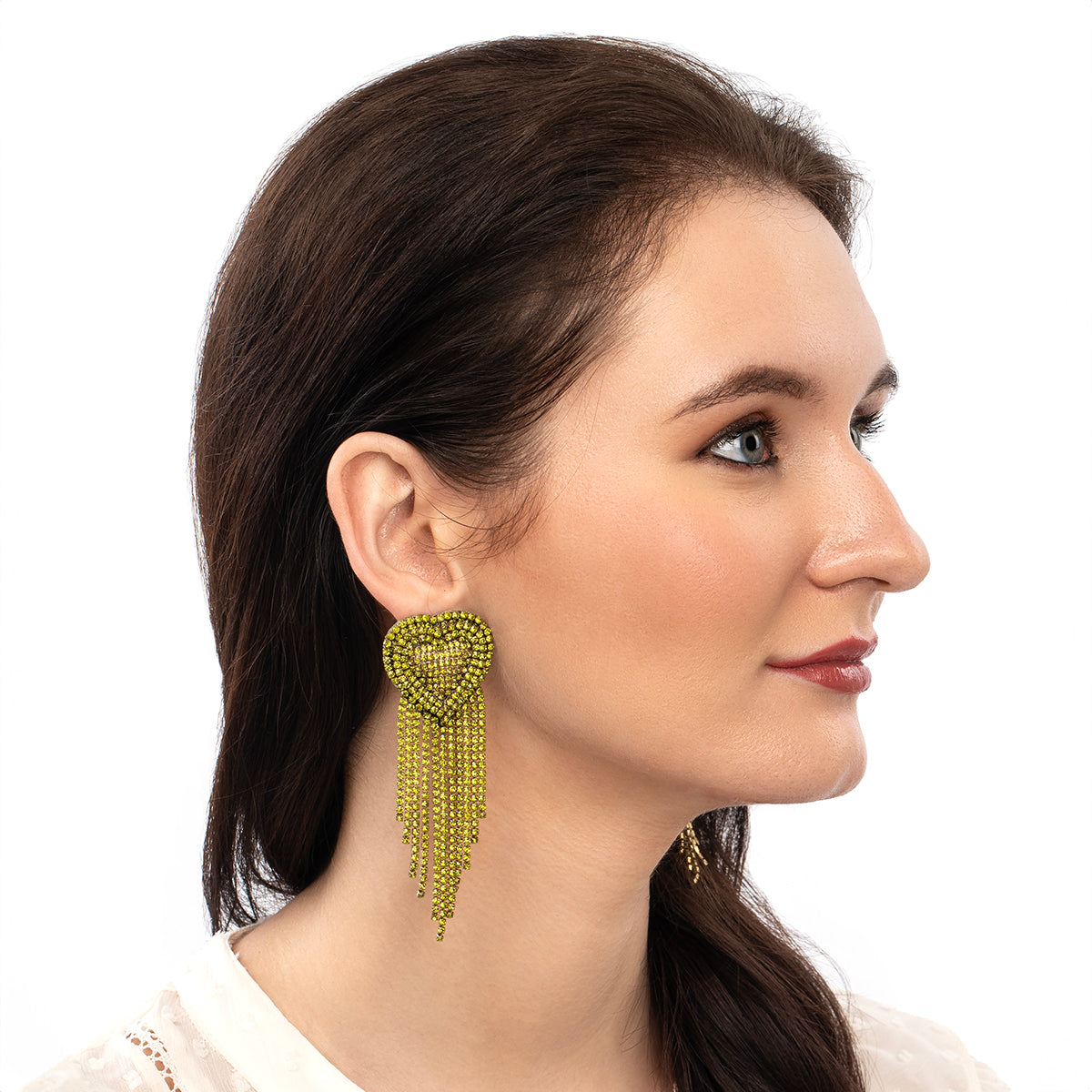 Model wearing Deepa Gurnani handmade the Kaylie earrings in lime color