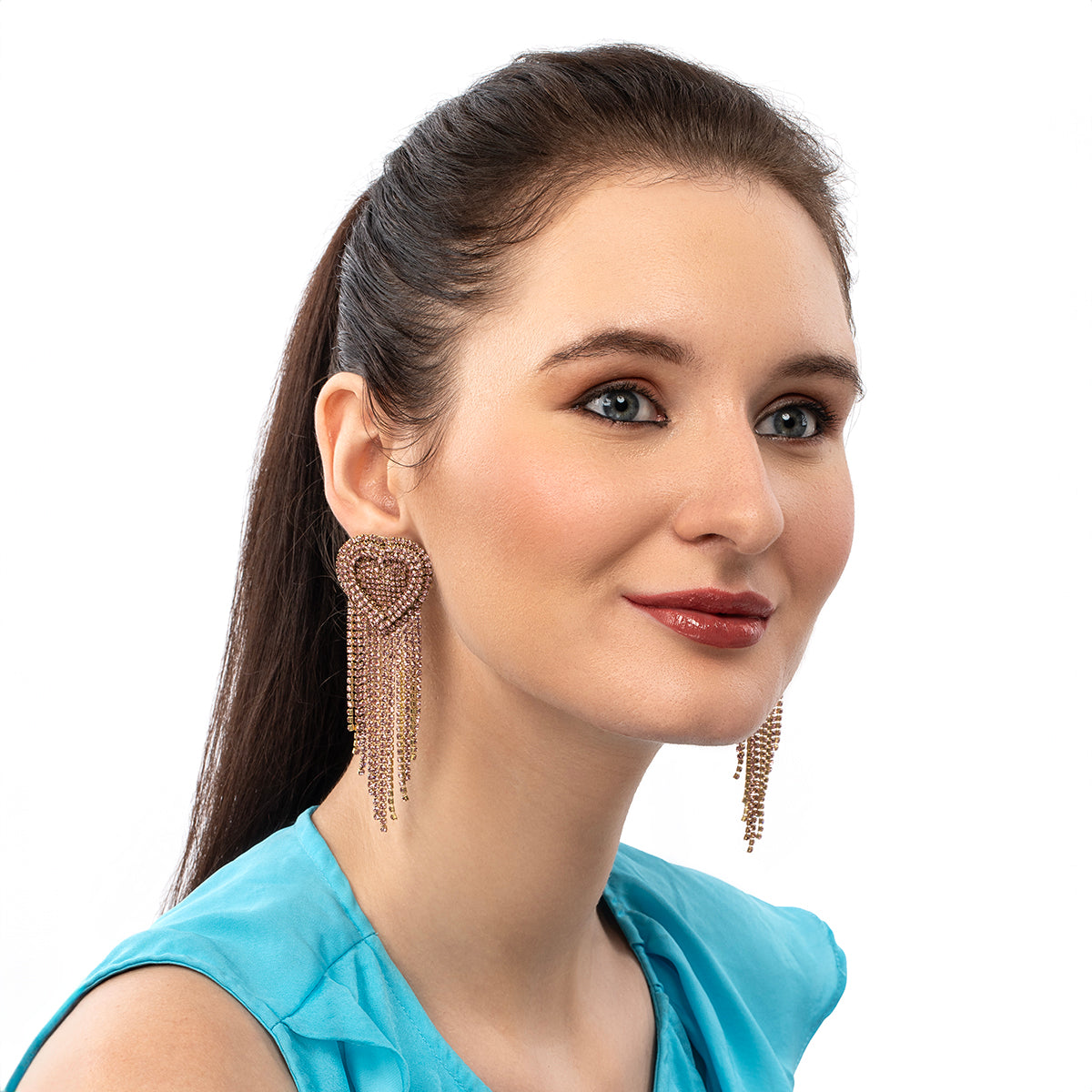Model wearing Deepa Gurnani handmade the Kaylie earrings in pink color