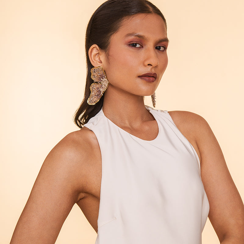 Model wearing Deepa Gurnani Handmade Lanelle Earrings in Beige color