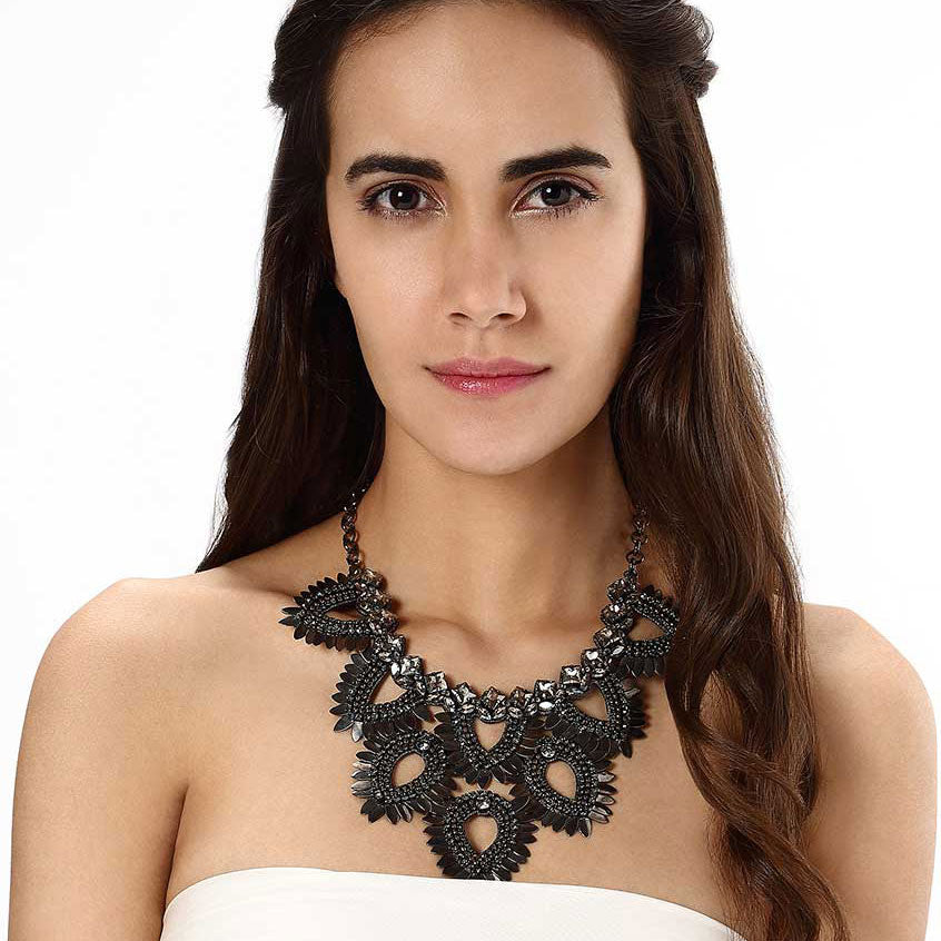 Model Wearing Deepa by Deepa Gurnani Handmade Samantha Necklace in Gunmetal