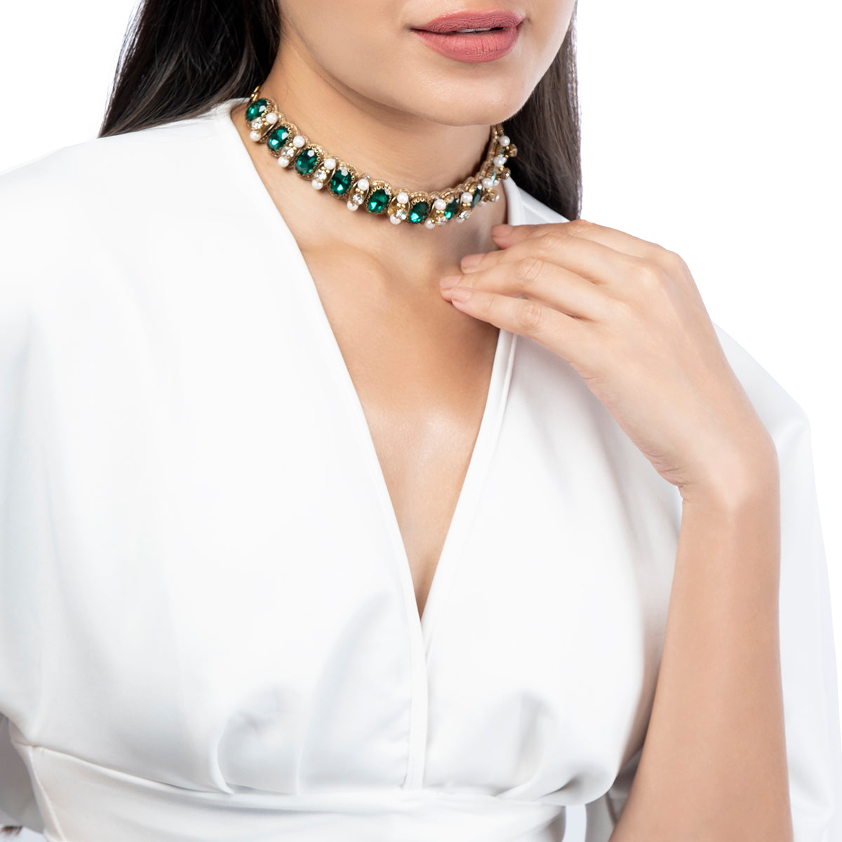Model wearing Deepa by Deepa Gurnani Handmade Caylin Necklace in Emerald color