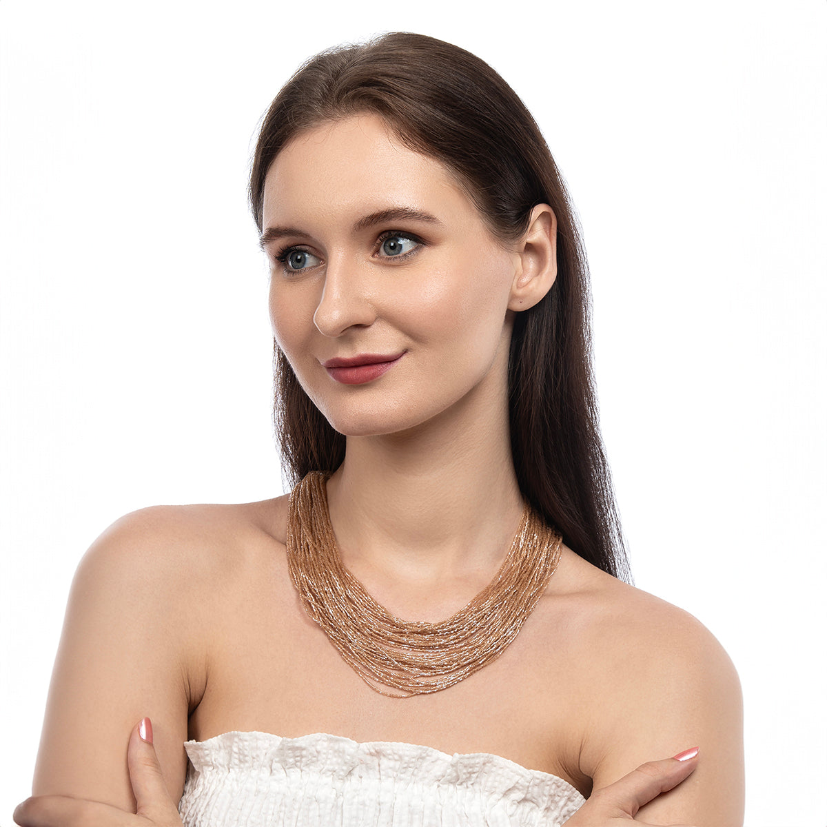 Model wearing Deepa by Deepa Gurnani Handmade Neelam necklace in champagne color
