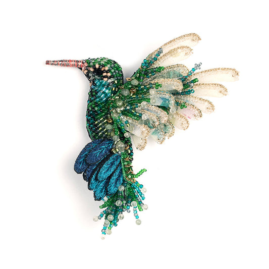 Deepa Gurnani handmade Hummingbird brooch in emerald color