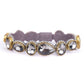 A stretch bracelet featuring five large teardrop-shaped smoky gray gemstones in gold and silver settings, with a soft gray fabric interior, shown on a white background.