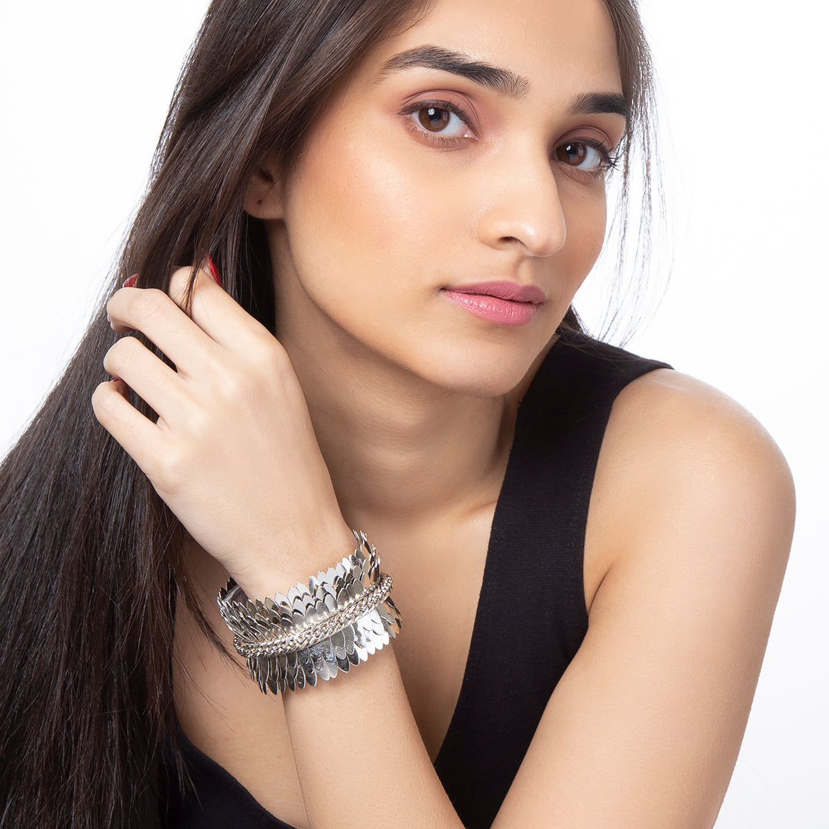 model wearing handmade silver cuff