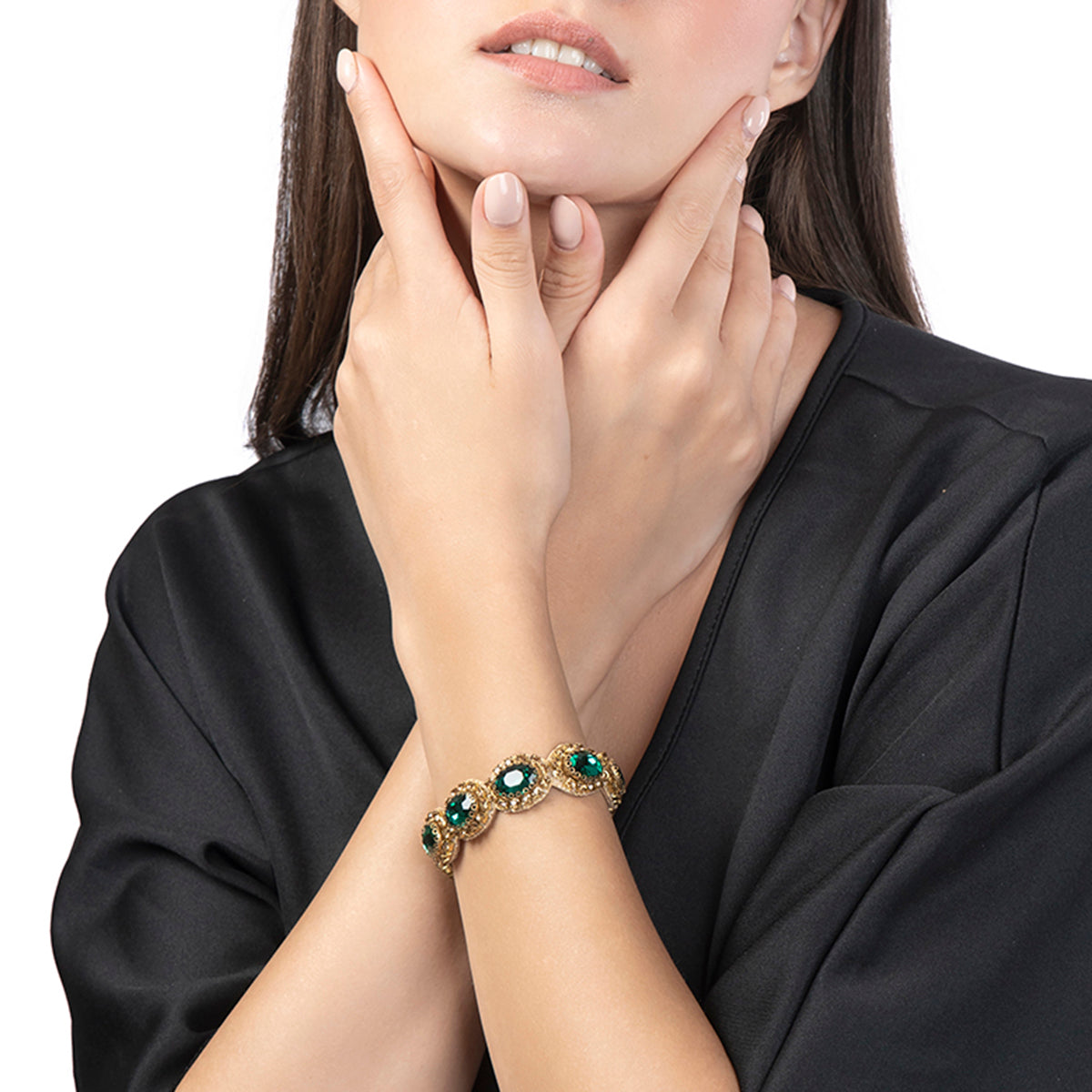 Model wearing Deepa by Deepa Gurnani Handmade Celine Bracelet in Emerald color