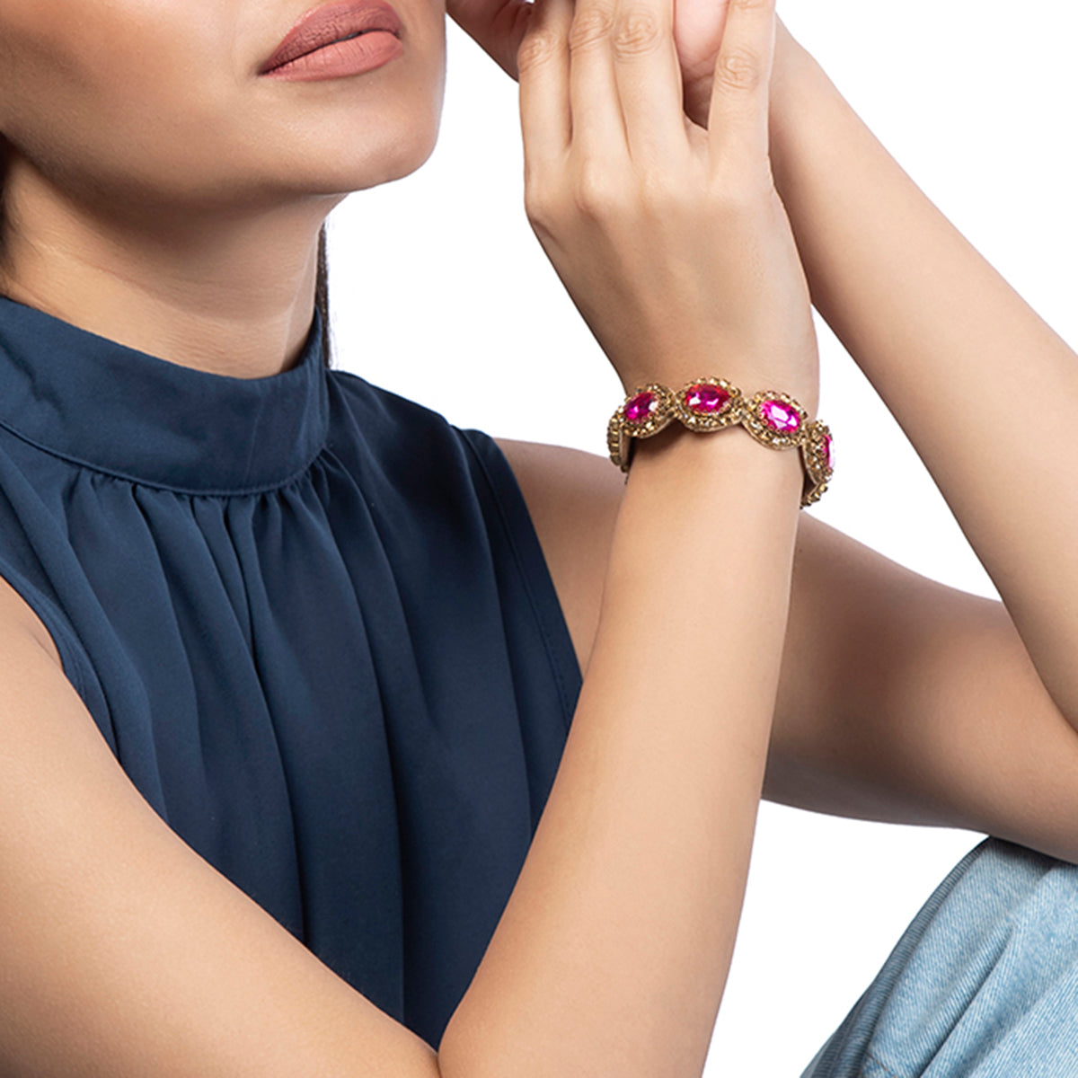 Model wearing Deepa by Deepa Gurnani Handmade Celine Bracelet in Fuchsia color