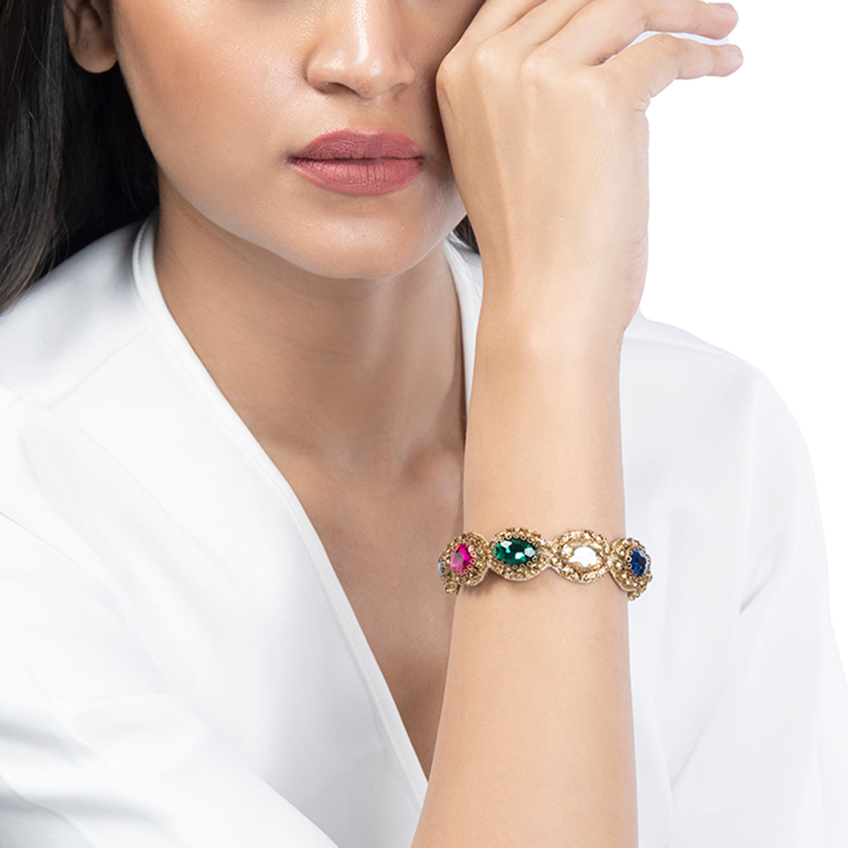 Model wearing Deepa by Deepa Gurnani Handmade Celine Bracelet in Multi color