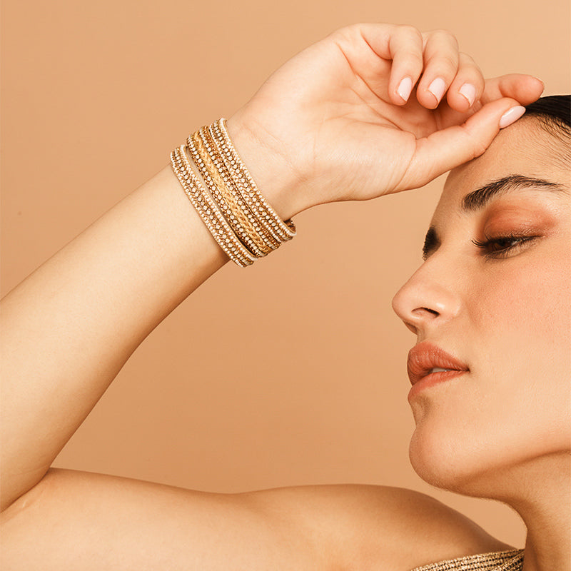 Model wearing Deepa by Deepa Gurnani Handmade Manny Bracelet In Gold Color