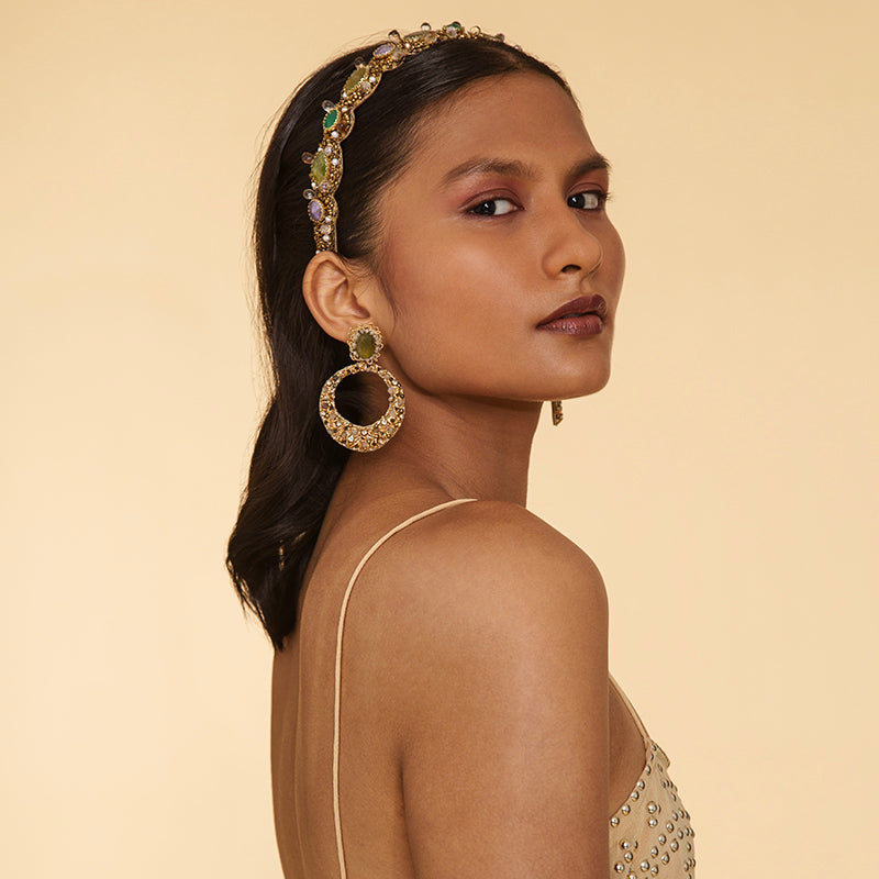 Model Wearing Handmade Deepa Gurnani Isidore Earrings in Olive color