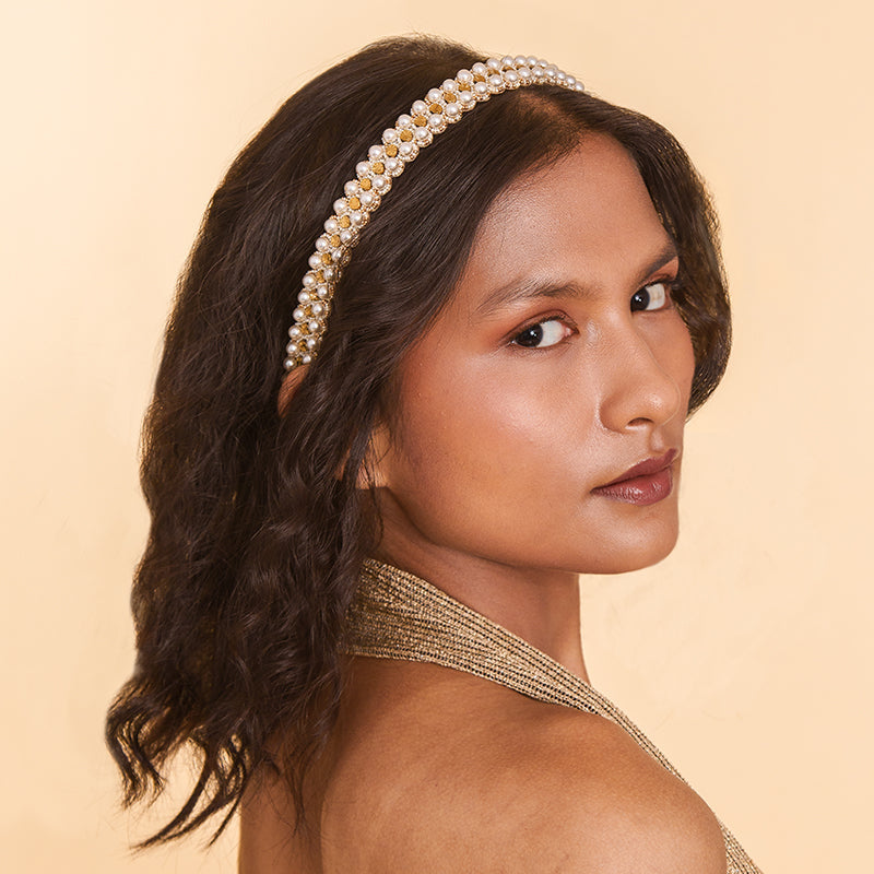 Model Wearing Deepa by Deepa Gurnani Handmade Bernice Headband Gold Color