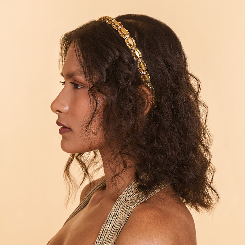 Model Wearing Deepa by Deepa Gurnani Handmade Gertrude Headband Gold Color