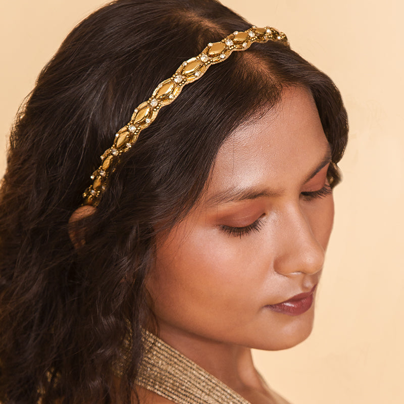 Model Wearing Deepa by Deepa Gurnani Handmade Gertrude Headband Gold Color