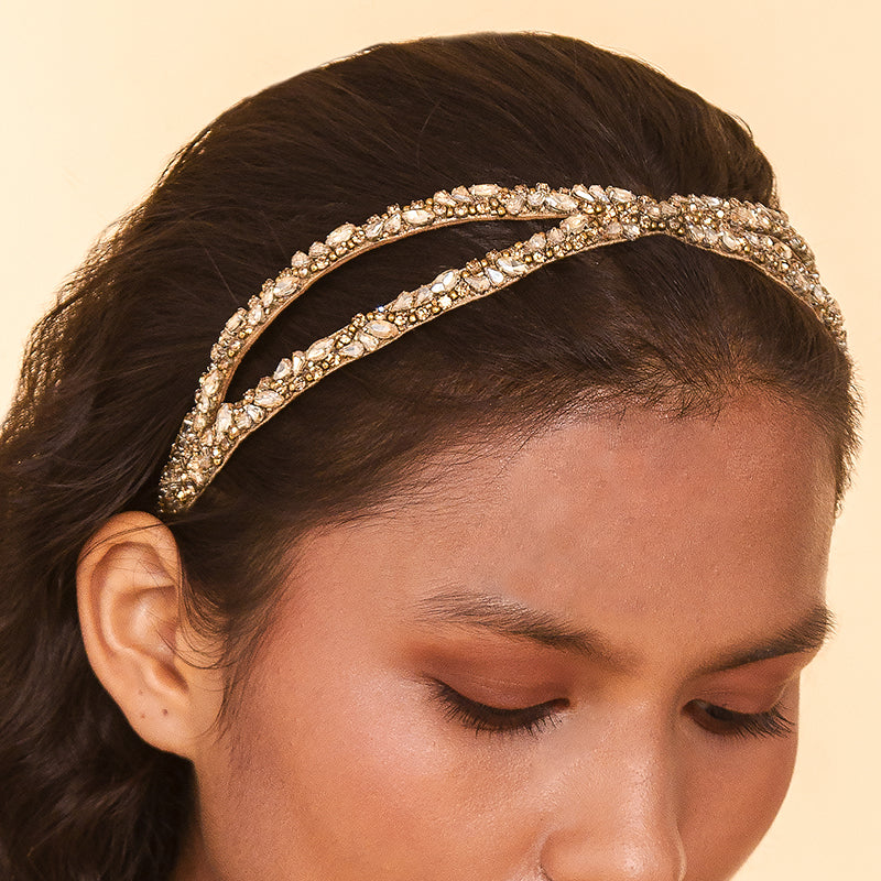 Model Wearing Deepa by Deepa Gurnani Handmade Kadence Headband Gold Color