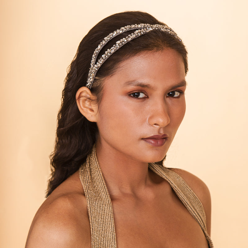 Model Wearing Deepa by Deepa Gurnani Handmade Kadence Headband Gunmetal Color