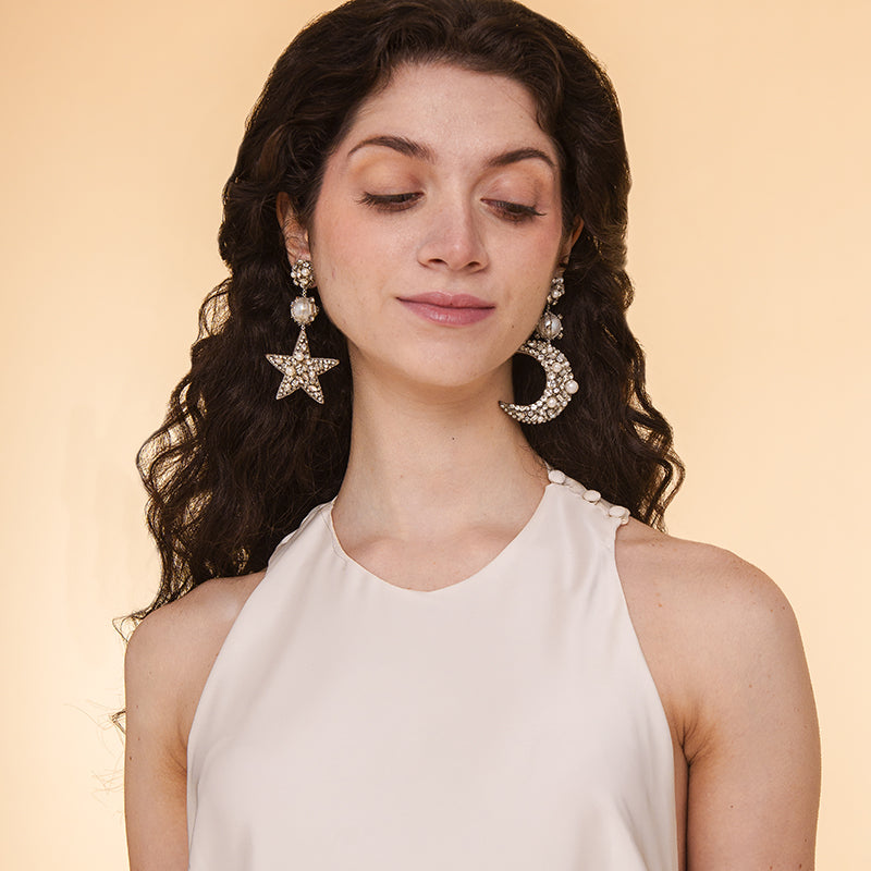 Model Wearing Deepa by Deepa Gurnani Handmade Star and moon shape Mars Earrings in Silver