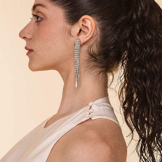 Model Wearing Deepa By Deepa Gurnani handmade Elisa Earrings in silver color