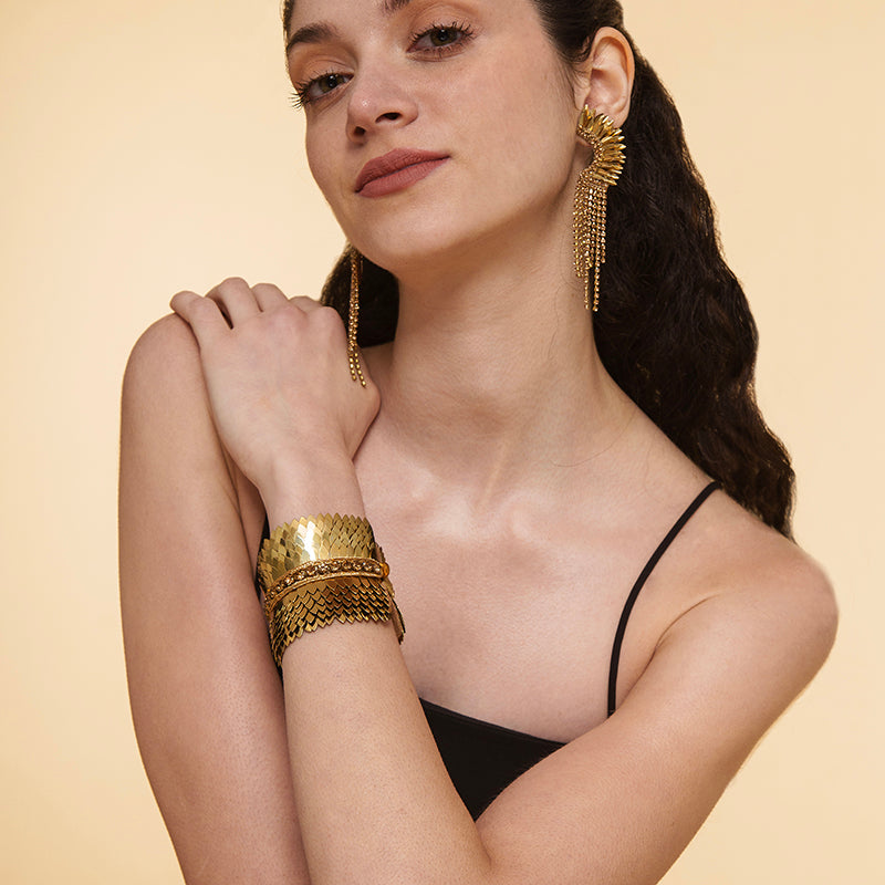 Model Wearing Deepa by Deepa Gurnani Handmade Gigi Cuff in Gold