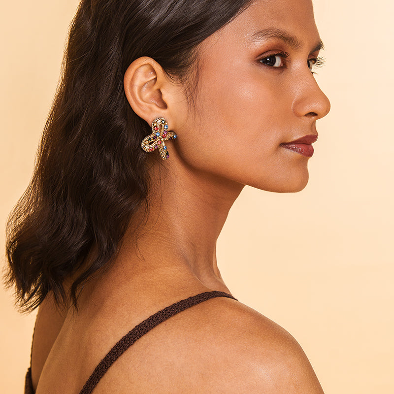 Model Wearing Deepa by Deepa Gurnani bow design Handmade Elsa Earrings multi color