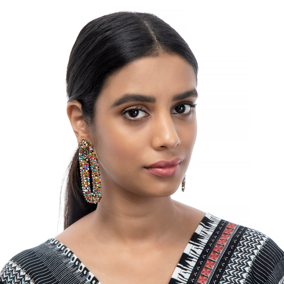 Model wearing our hand made Shyna Earrings Deepa by Deepa Gurnani