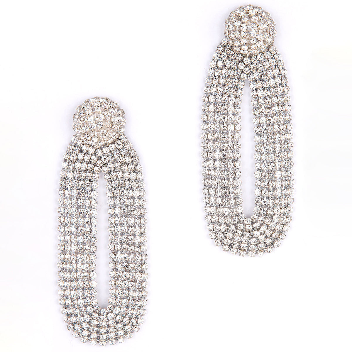 Our light weight Shyna Earrings are handmade with glass crystals in an oval drop shape silver color