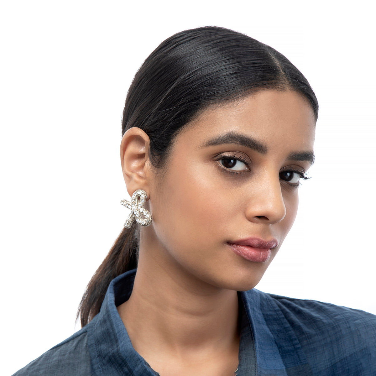 Deepa by Deepa Gurnani bow design Handmade Elsa Earrings on model