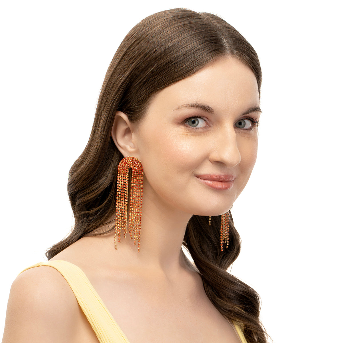 Model wearing our Deepa by Deepa Gurnani Handmade Coral Warren Earrings