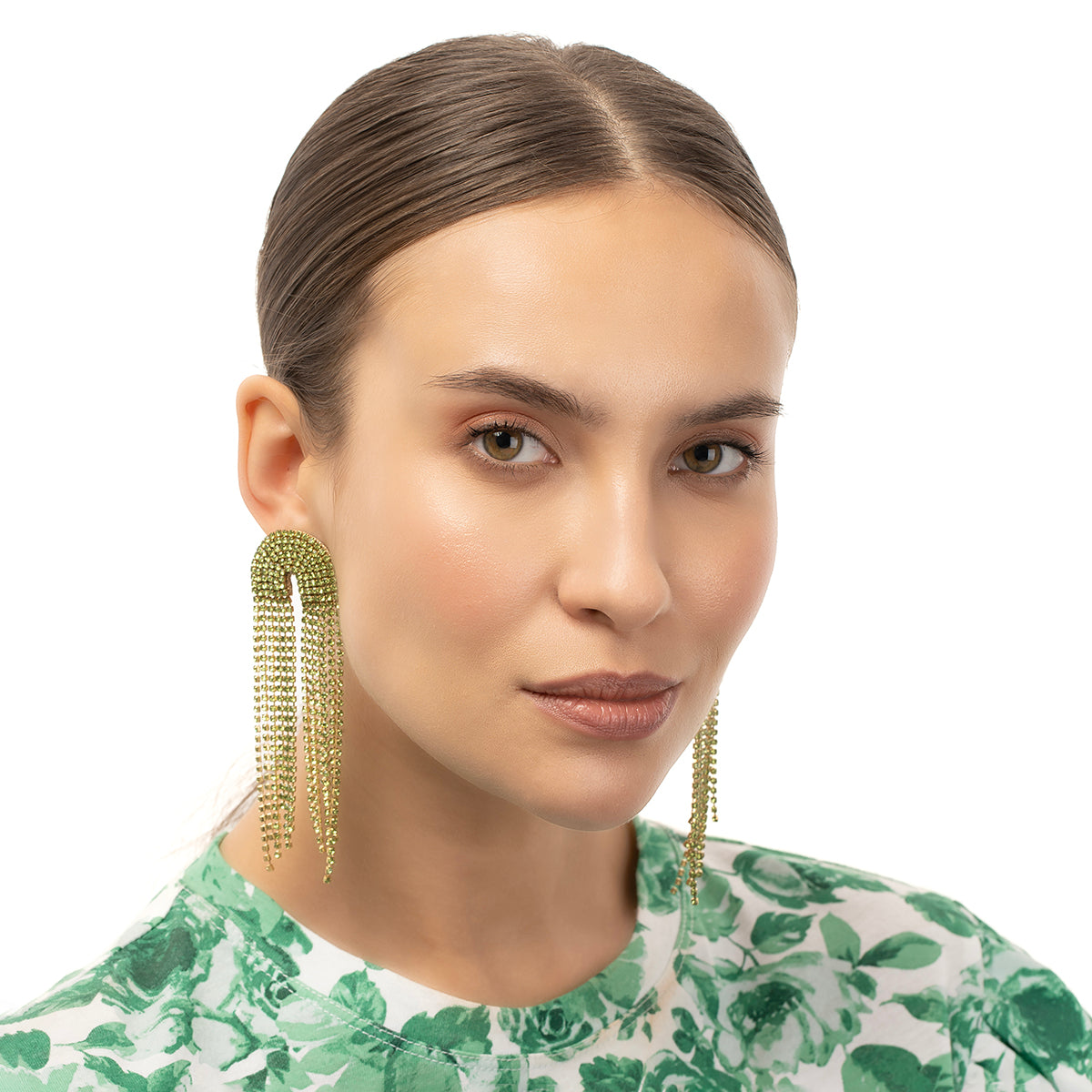 Model wearing our Deepa by Deepa Gurnani Handmade Lime Warren Earrings