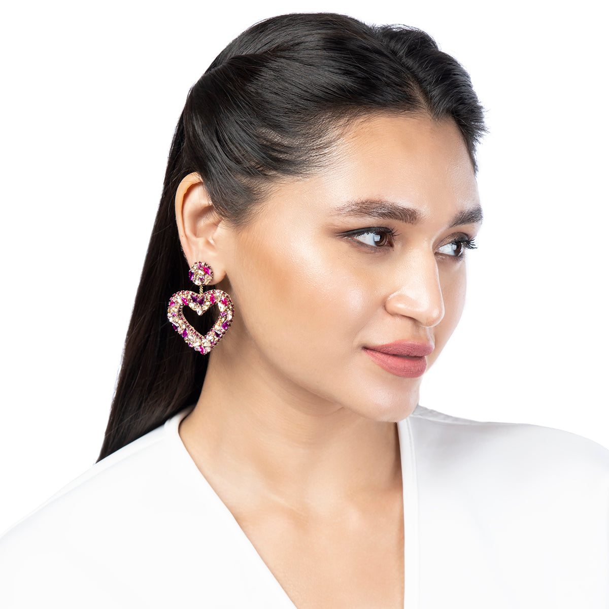 Model wearing Deepa by Deepa Gurnani Handmade Carolina Earrings in Fuchsia color