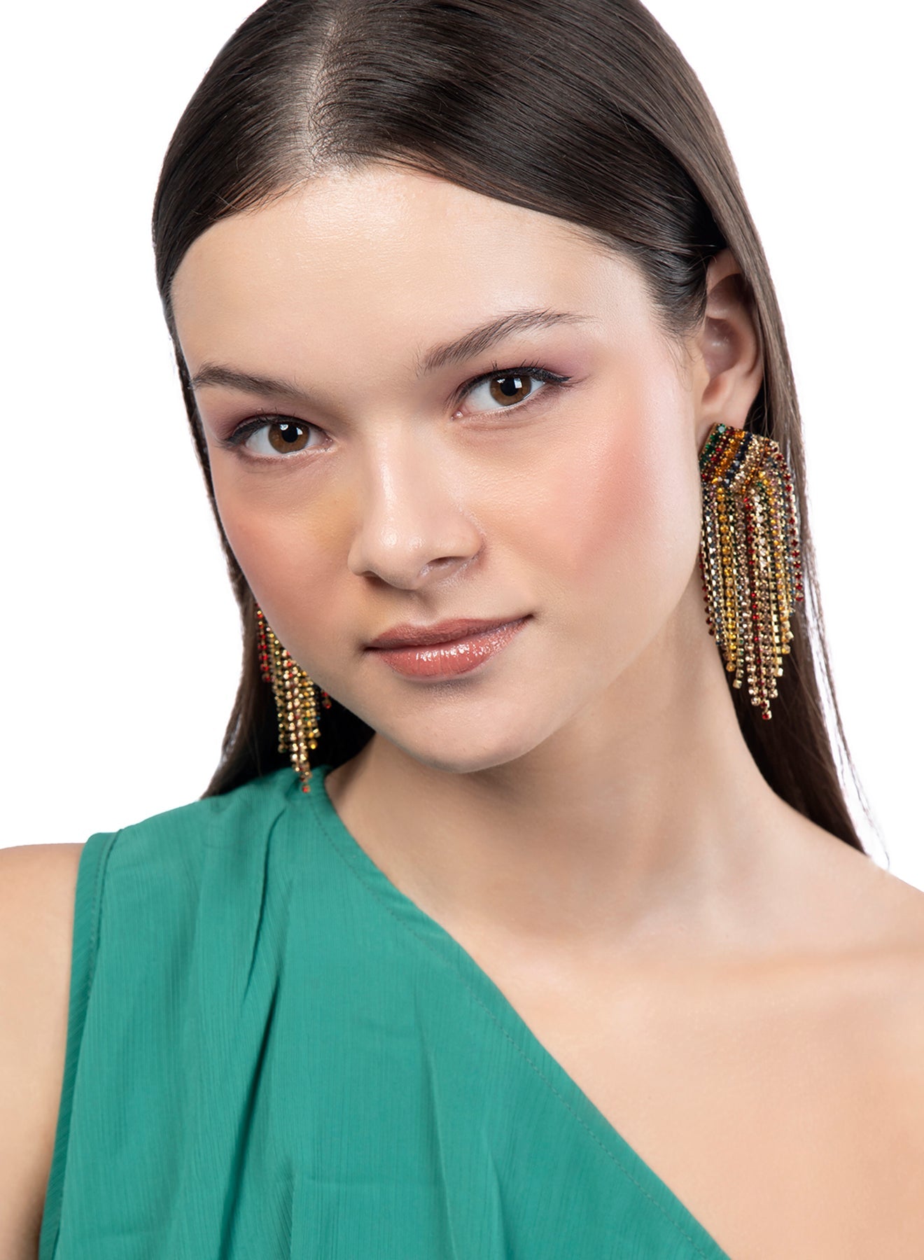 Model wearing Deepa By Deepa Gurnani handmade Niomi Earrings in multi color