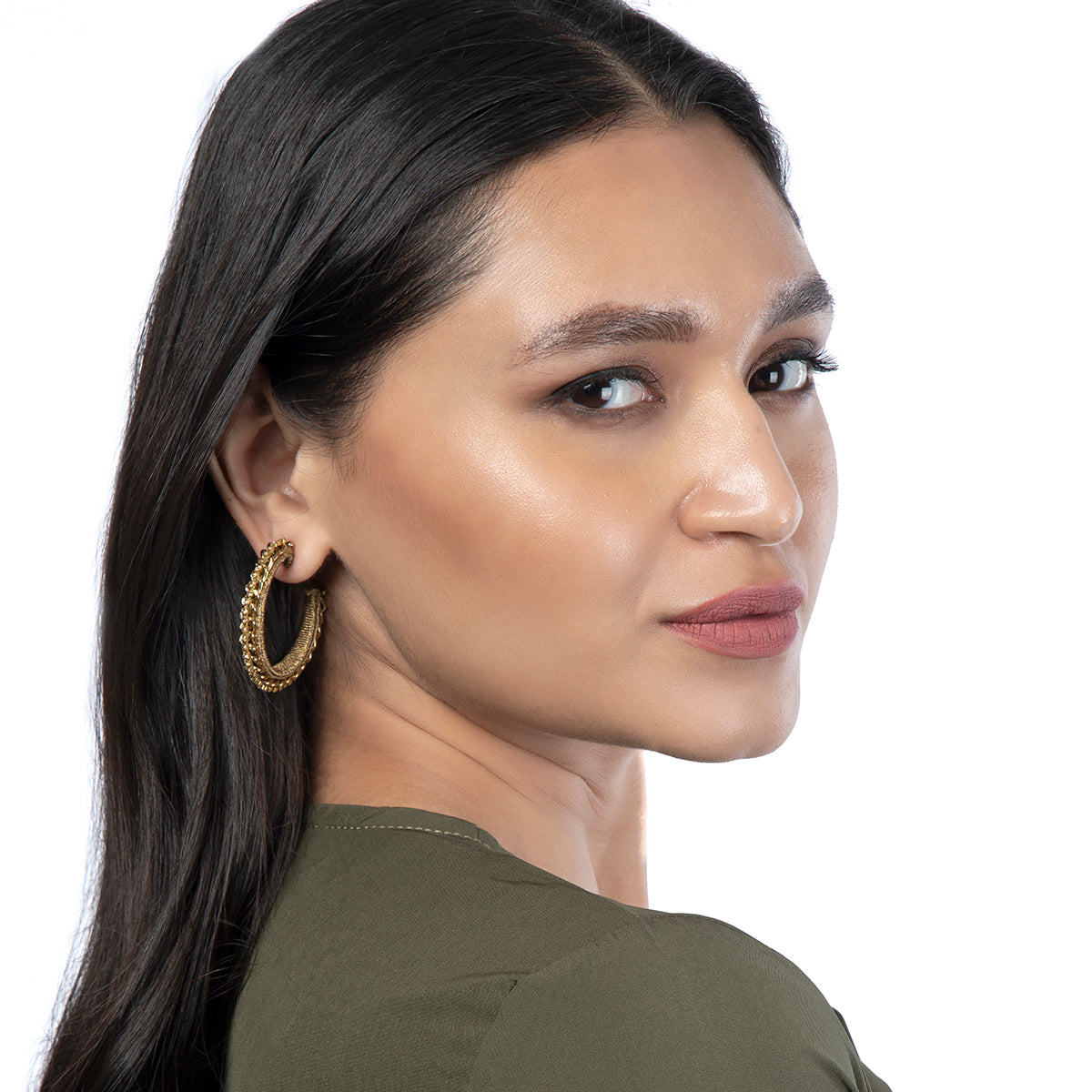 Model wearing  Deepa by Deepa Gurnani Handmade Elena Earrings in Gold color