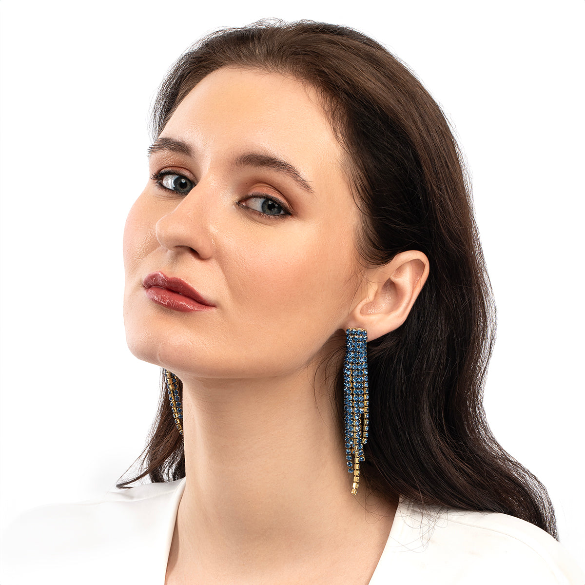 Model wearing Deepa By Deepa Gurnani handmade Elisa Earrings in blue color