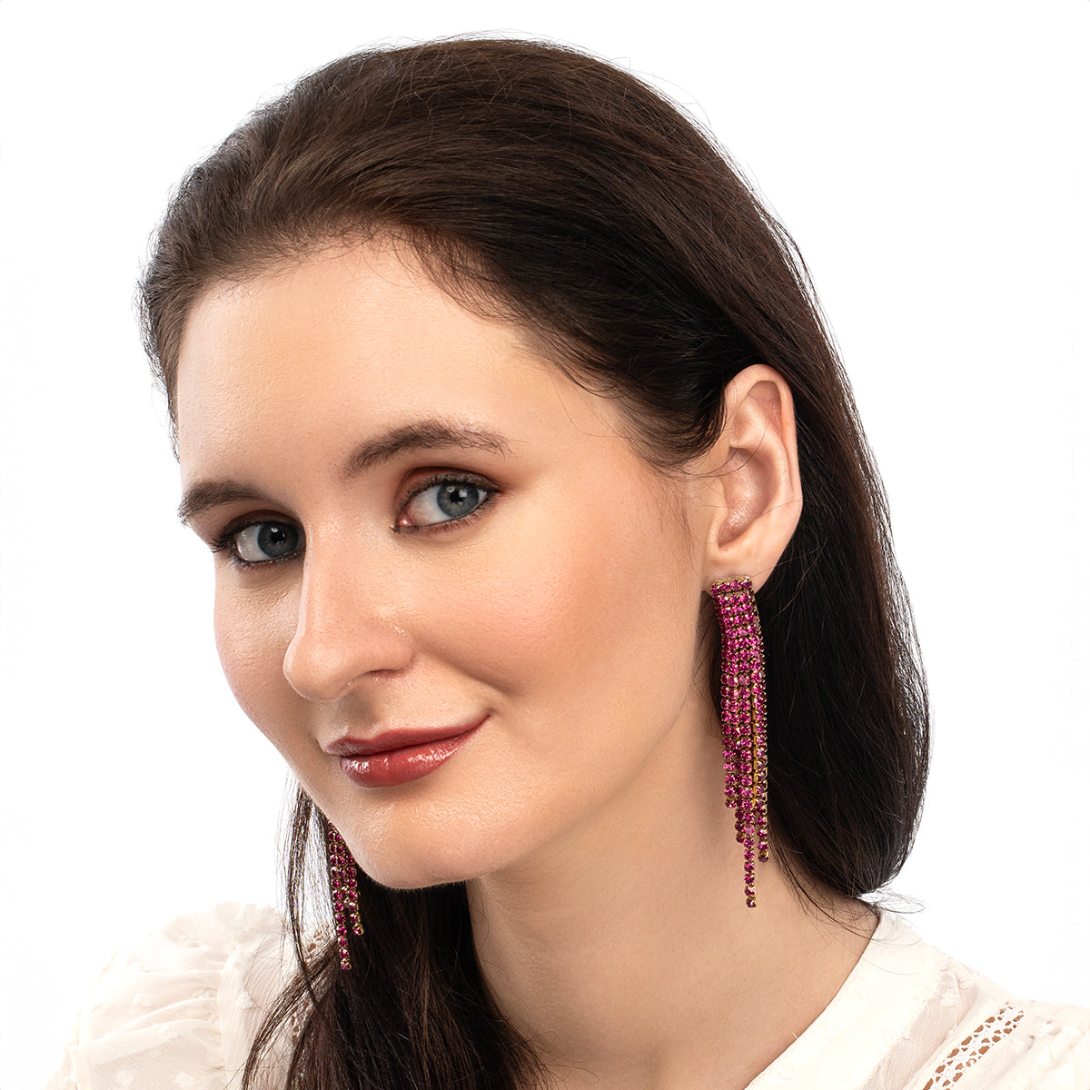 Model wearing Deepa By Deepa Gurnani handmade Elisa Earrings in fuchsia color