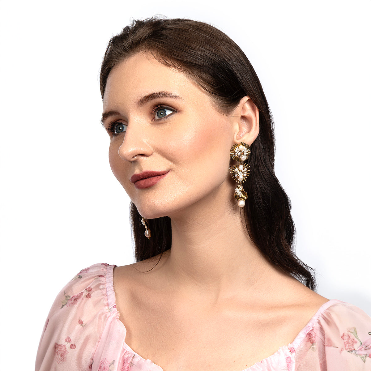 Model wearing Deepa By Deepa Gurnani handmade Carissa Earrings in gold color