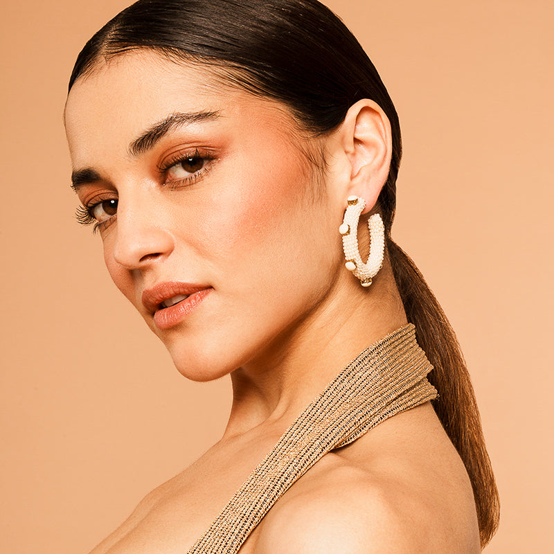 Model wearing our Deepa by Deepa Gurnani Handmade Hayes Earrings in Ivory color