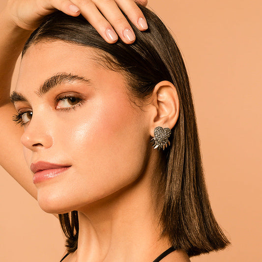 Model Wearing Deepa By Deepa Gurnani Danira Earrings in Gunmetal Color