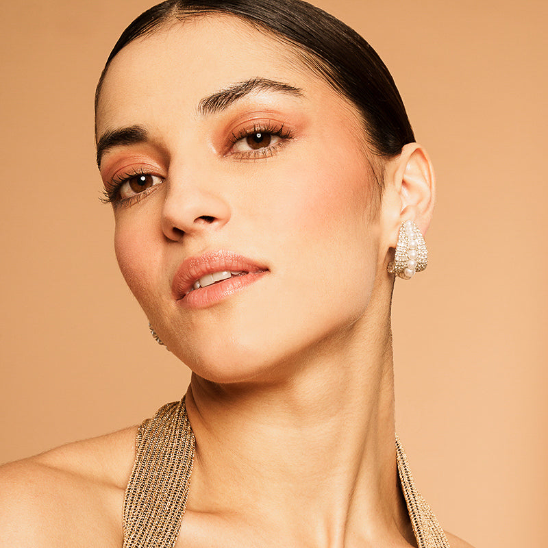 Model Wearing Deepa by Deepa Gurnani Handmade Filomena Earrings In Silver Color